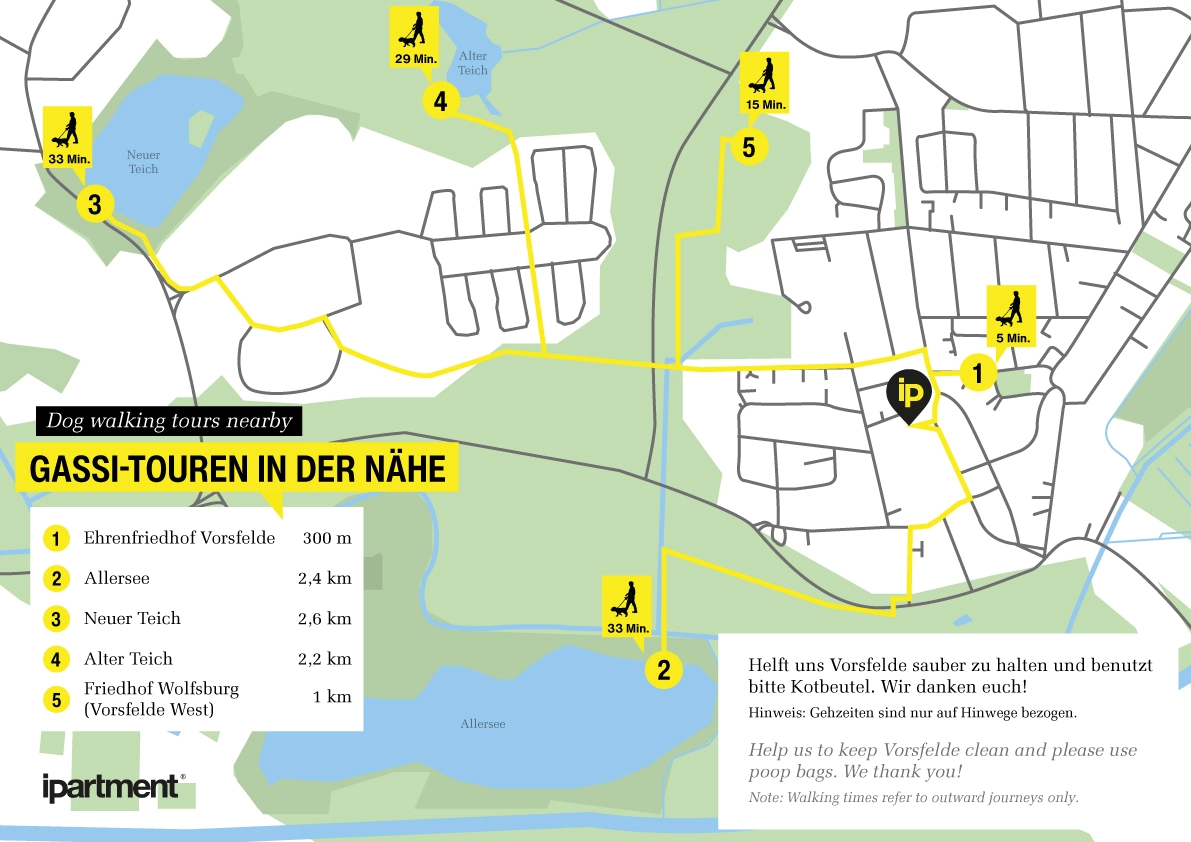 Eine Karte mit eingezeichneten Wegen zu grünen Flächen und Seen für Gassirunden.
