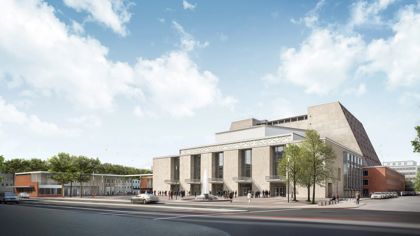 Das sanierte Opernhaus der Bühnen Köln am Offenbachplatz mit Brunnen